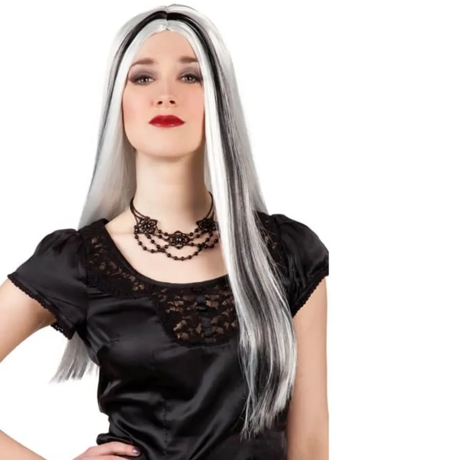 Jourdefete Perruque Femme - Sorcière "Aurora" - Grise Avec Mèches Noires – Image 2